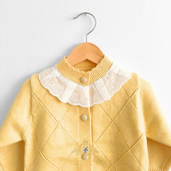 NWT Lovely Girls Knitted Two-piece Cardigan Sweater & Pants Set Lace Collar 3-6M - Picture 4 of 6